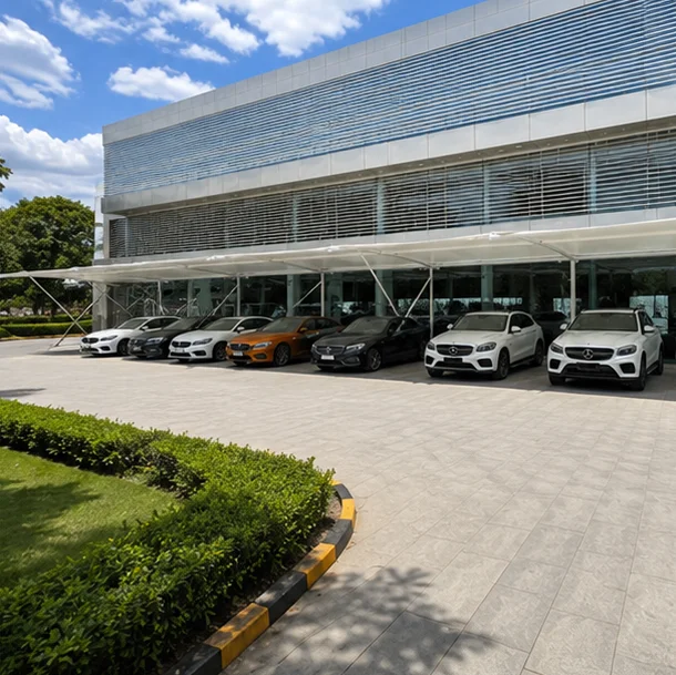 Car parking tensile shade fabrication and installation by Ferrari Fabric Bangalore